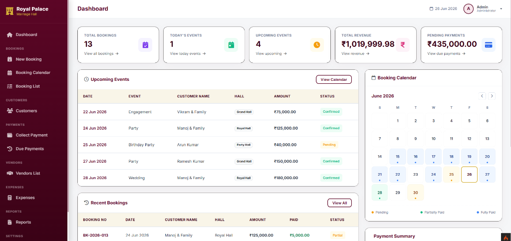 Marriage Hall ERP Interface