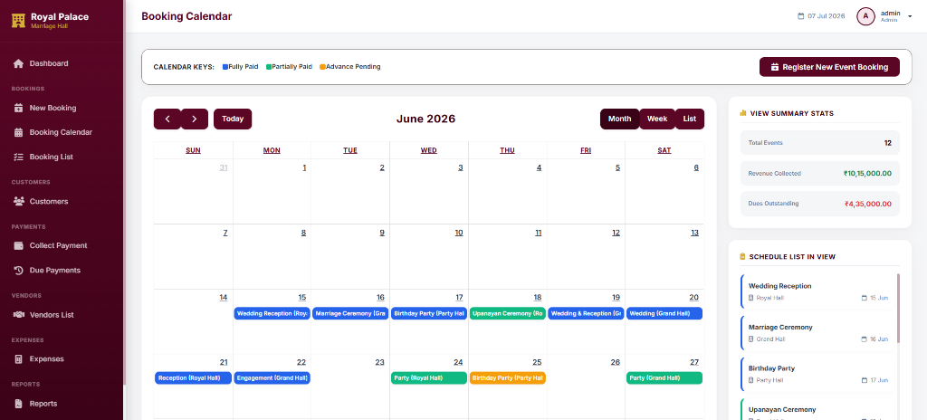 Marriage Hall Schedule Calendar