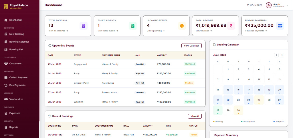 Marriage Hall Dashboard Interface