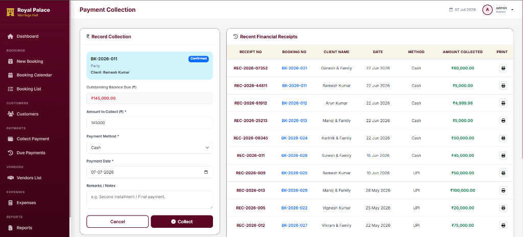 Marriage Hall Payment Settlement Interface